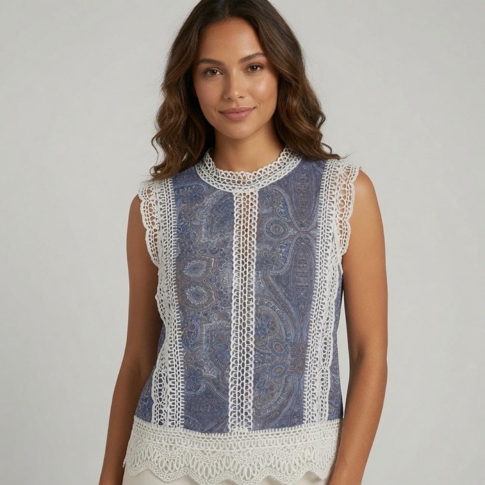 Designer Sheer blue paisley high neck blouse with lace trim